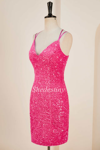 Hot Pink Sequin Lace-Up Short Cocktail Dress