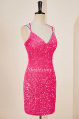 Hot Pink Sequin Lace-Up Short Cocktail Dress