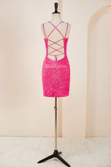 Hot Pink Sequin Lace-Up Short Cocktail Dress