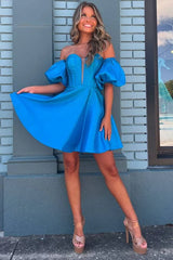 Blue Sweetheart Short Homecoming Dress with Detachable Sleeves