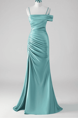 Asymmetrical Straps Mermaid Mist Pleated Prom Dress with Slit