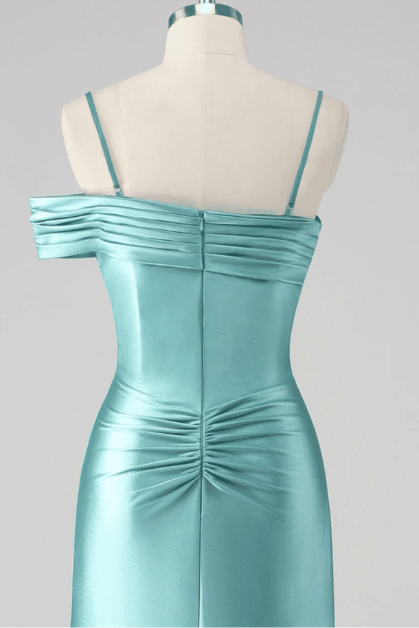 Asymmetrical Straps Mermaid Mist Pleated Prom Dress with Slit