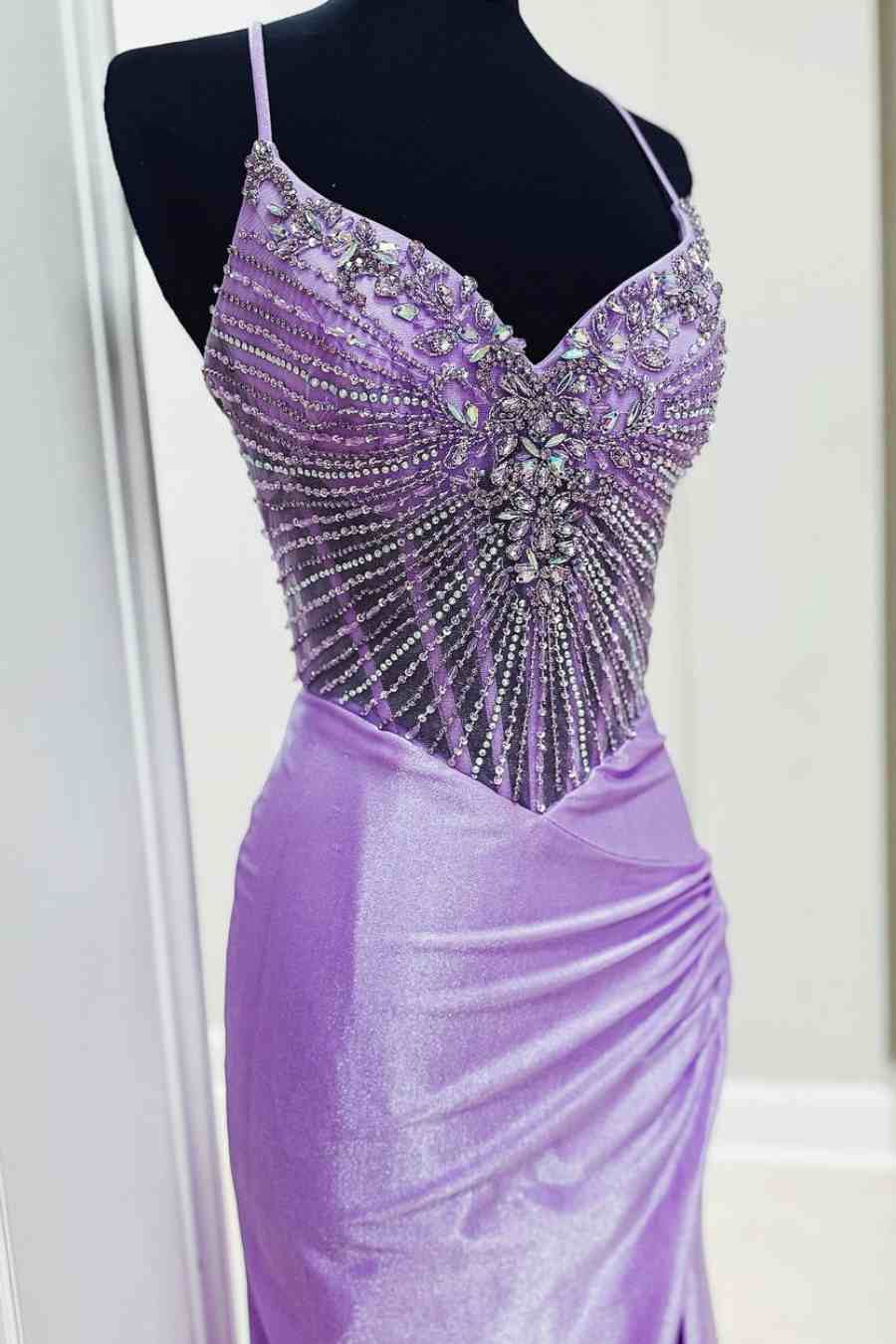 Rhinestone Corset Mermaid Lavender Evening Dress with Slit