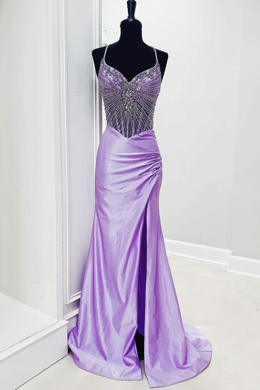 Lavender Rhinestone Corset Mermaid Evening Dress with Slit