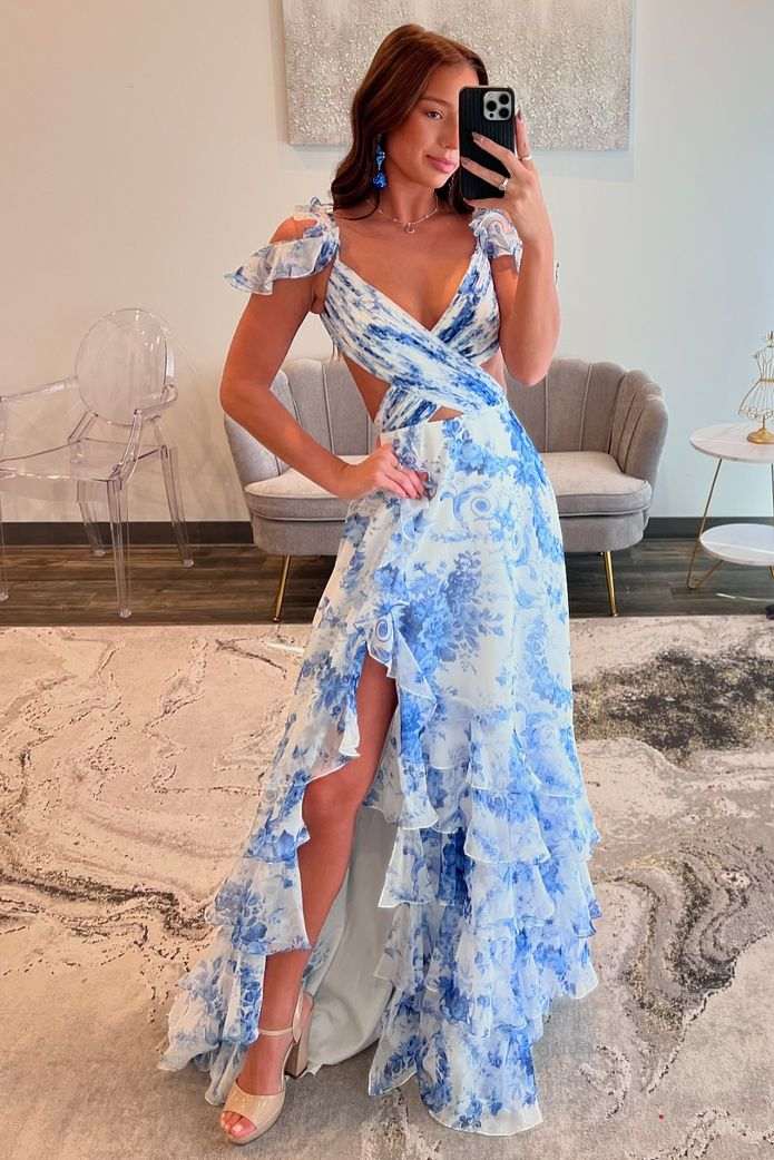 Floral Print Blue Cross Straps Evening Dress with Slit