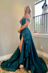 Ruffle Peacock Rhinestone Sweetheart Slit Top Prom Gown