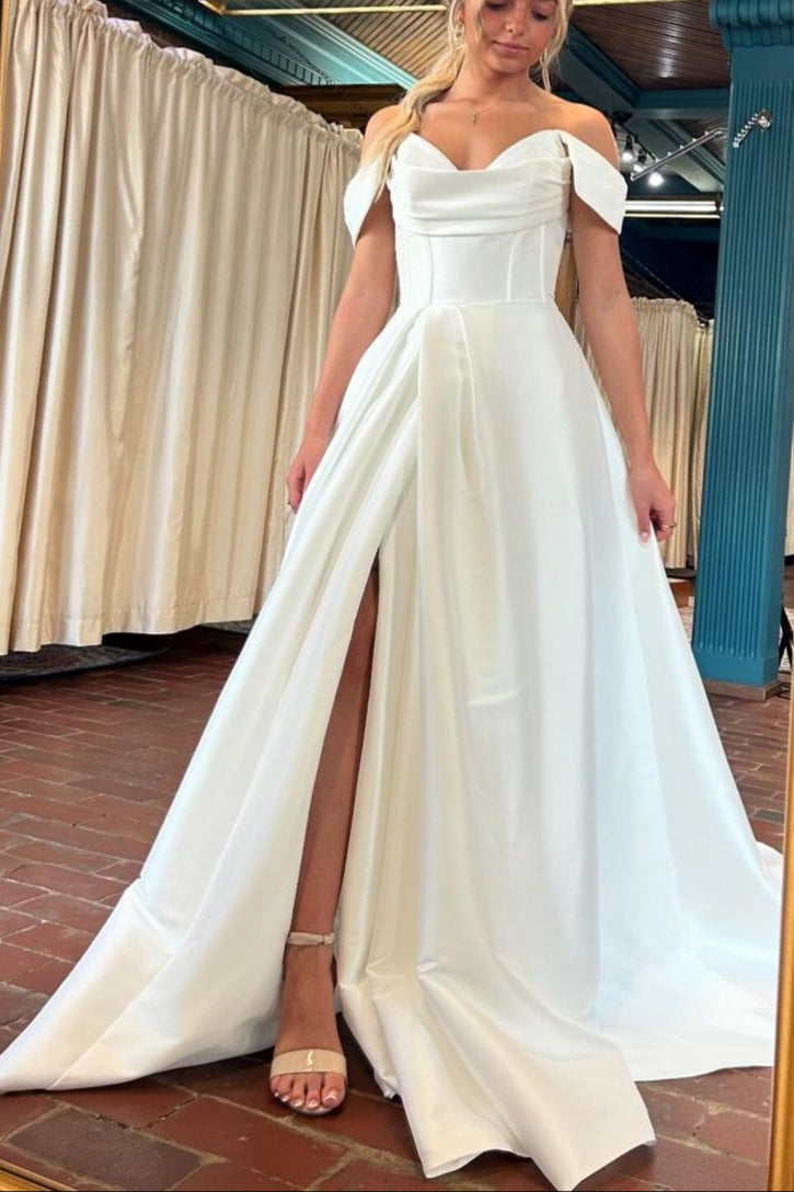 Off the Shoulder A-Line Simple Satin Ivory Wedding Dress with Slit