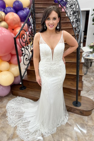 White Mermaid Tulle Straps Plunging V Neck Embroidery Long Wedding Dress