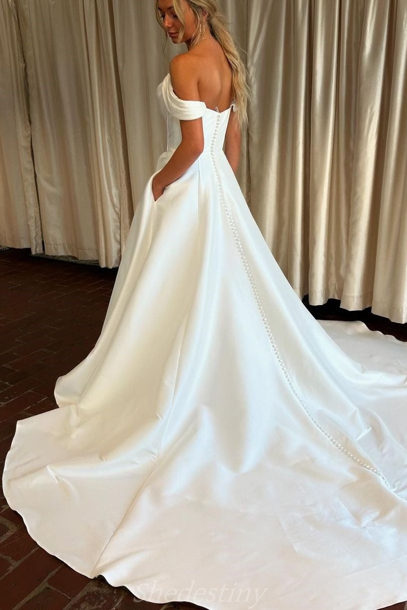 Satin Off the Shoulder Simple A-Line Ivory Wedding Dress with Slit