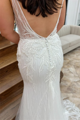 White Mermaid Tulle Straps Plunging V Neck Embroidery Long Wedding Dress