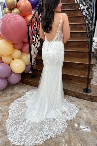 White Mermaid Tulle Straps Plunging V Neck Embroidery Long Wedding Dress