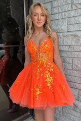 Orange Glitter Applique V-Neck A-Line Homecoming Dress