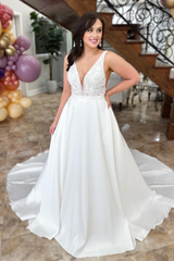 White Satin Plunging V Neck Appliques Long Wedding Dress