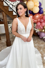 White Satin Plunging V Neck Appliques Long Wedding Dress