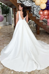 White Satin Plunging V Neck Appliques Long Wedding Dress