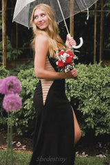 Strapless Mermaid Slim Black Slit Prom Dress with Side Beaded
