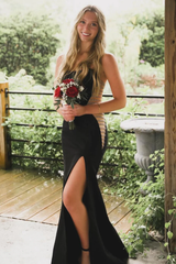Slim Black Strapless Mermaid Slit Prom Dress with Side Beaded
