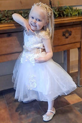 White Applique Cap Sleeve A-Line Flower Girl Dress with Sash