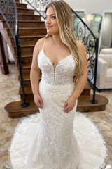 White Appliques Plunging V Neck Straps Long Wedding Dress