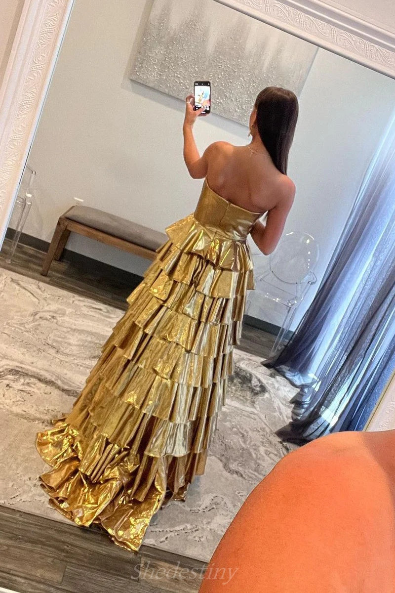 Metallic Gold Spring Strapless Tiered Prom Dress