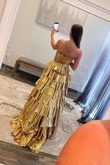Metallic Gold Spring Strapless Tiered Prom Dress