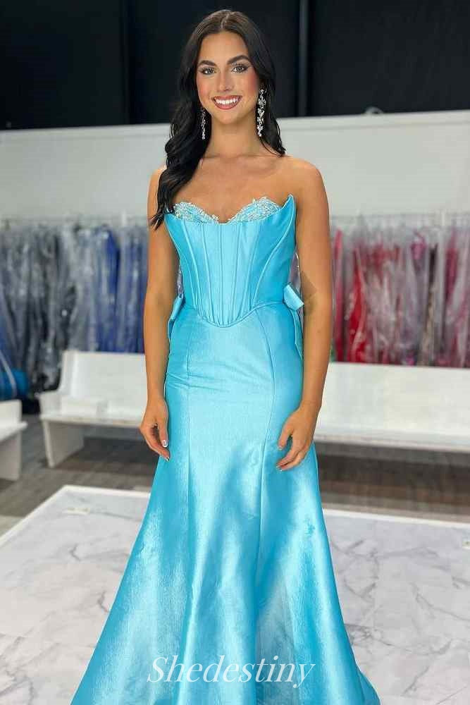 Empire-Waist Blue Sweetheart Mermaid Prom Dress with Side Bow