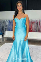 Empire-Waist Blue Sweetheart Mermaid Prom Dress with Side Bow