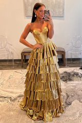 Spring Metallic Gold Strapless Tiered Prom Dress 