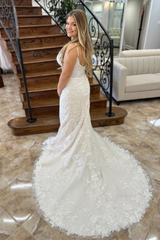 White Appliques Plunging V Neck Straps Long Wedding Dress