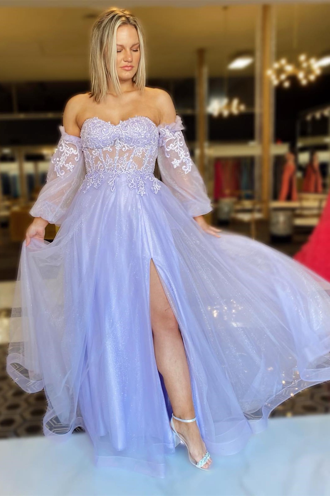 Lavender Tulle Sweetheart A-Line Long Prom Dress with Balloon Sleeves