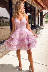 Pink Floral Print V-Neck A-Line Short Homecoming Dress with Ruffles