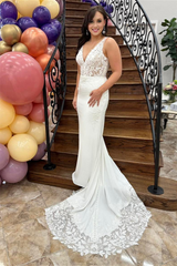 White Plunging V Neck Appliques Spandex Mermaid Long Wedding Dress