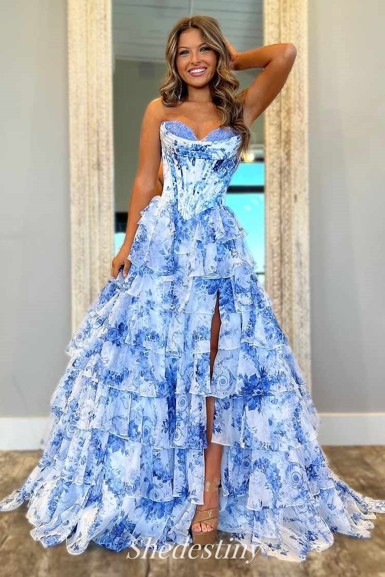 green emerald velvet dress Blue Floral Print A-Line Corset Tiered Sweetheart Slit Prom Dress –  Shedestiny