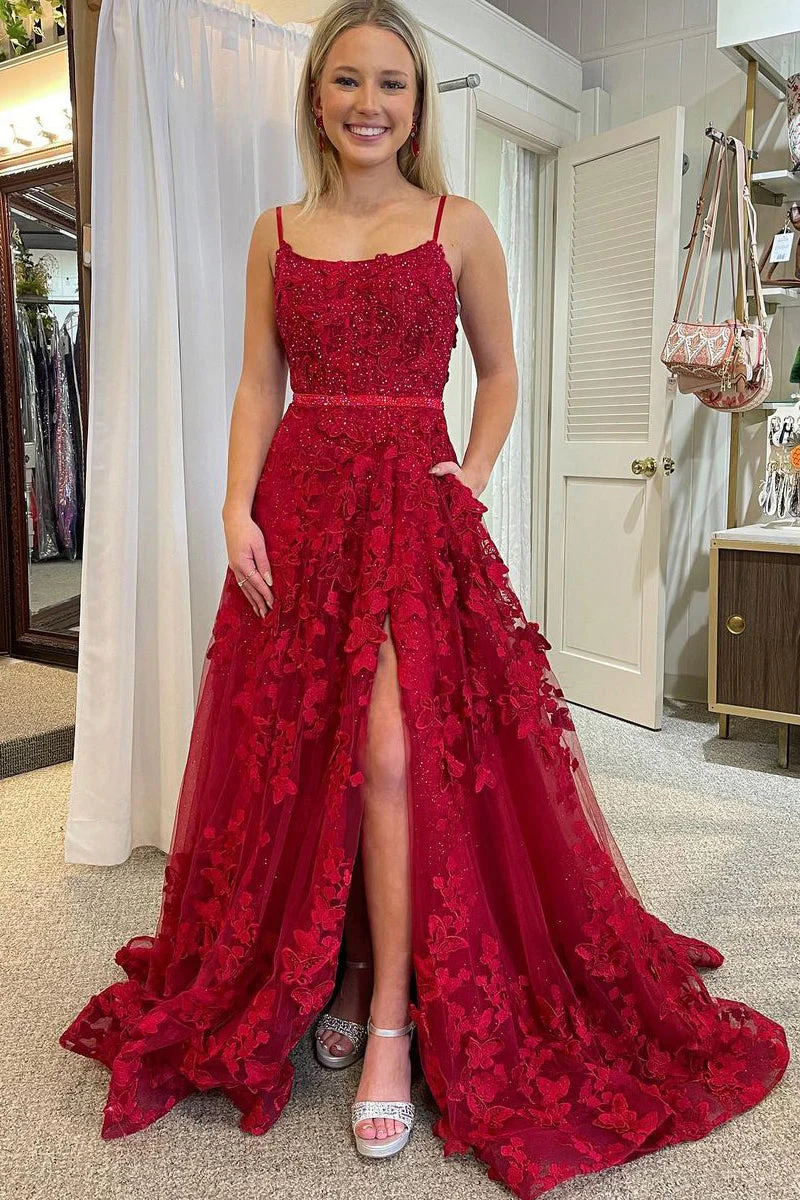 Glitter Tulle Red Embroidered Lace Applique Long Prom Dress