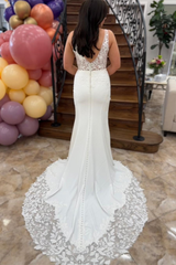 White Plunging V Neck Appliques Spandex Mermaid Long Wedding Dress