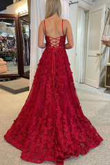 Red Glitter Tulle Embroidered Lace Applique Long Prom Dress