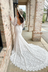 White Lace Deep V Neck Long Sleeves Mermaid Long Wedding Dress