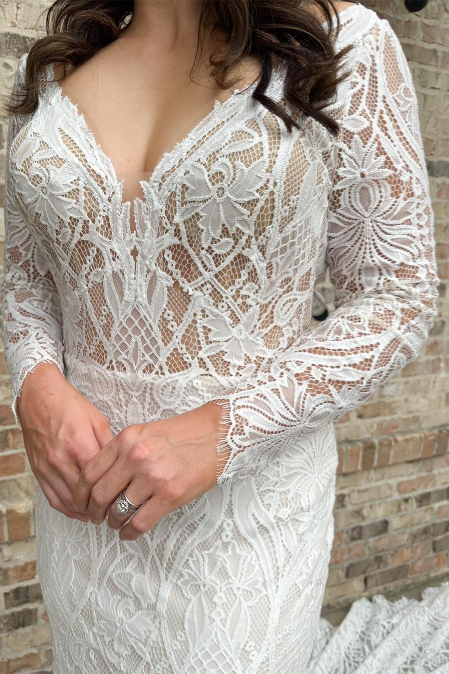 White Lace Deep V Neck Long Sleeves Mermaid Long Wedding Dress