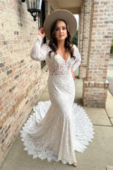 White Lace Deep V Neck Long Sleeves Mermaid Long Wedding Dress