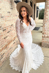 White Lace Deep V Neck Long Sleeves Mermaid Long Wedding Dress