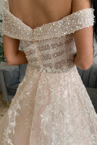 Blush Pink Beaded Tulle Asymmetrical Long Wedding Dress with Slit