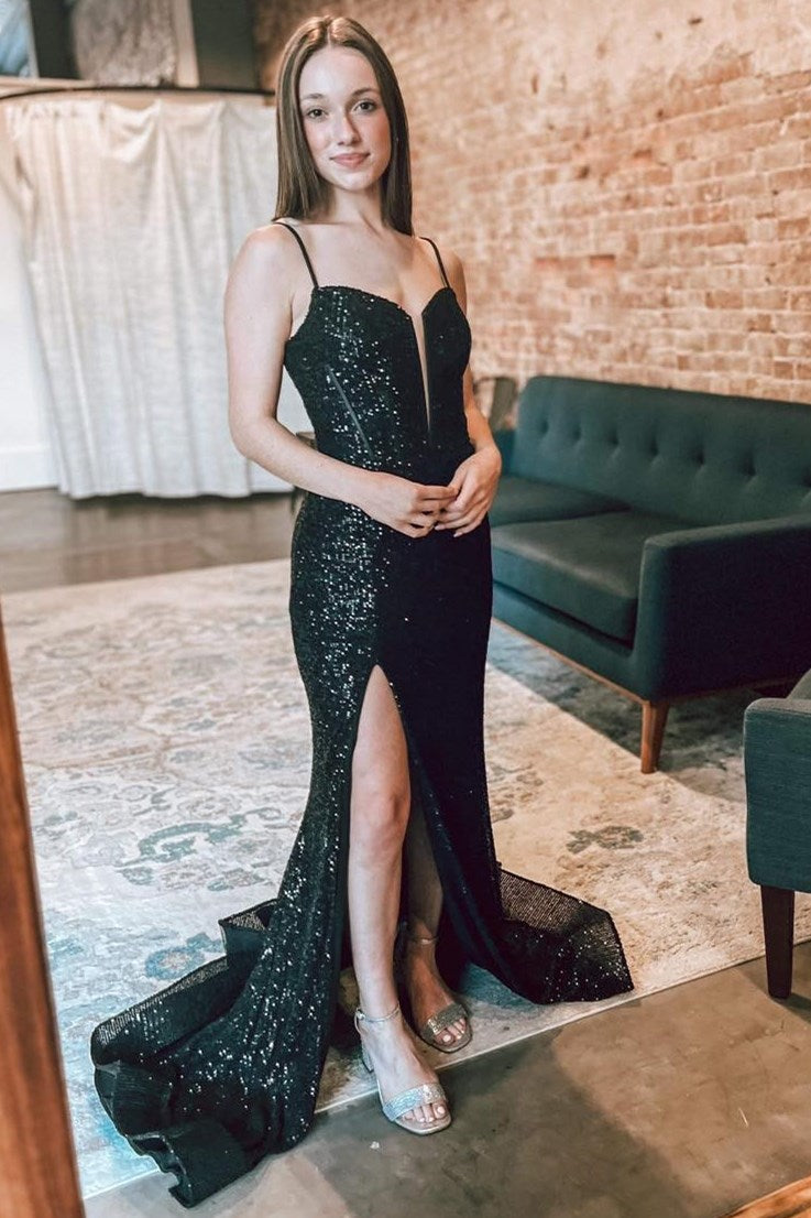 Black Sequin Lace-Up Mermaid Long Dress with Slit