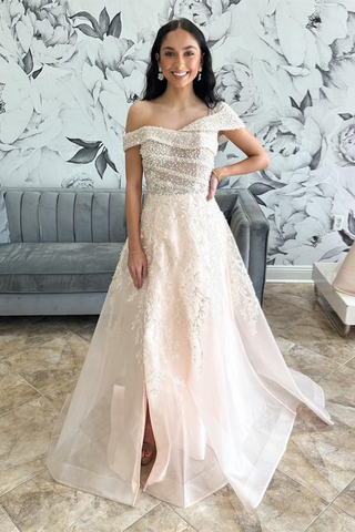 Blush Pink Beaded Tulle Asymmetrical  Long Wedding Dress with Slit