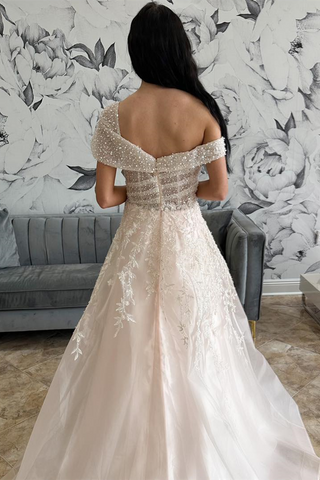 Blush Pink Beaded Tulle Asymmetrical Long Wedding Dress with Slit