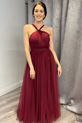 Wine Red Tulle Halter A-Line Long Bridesmaid Dress