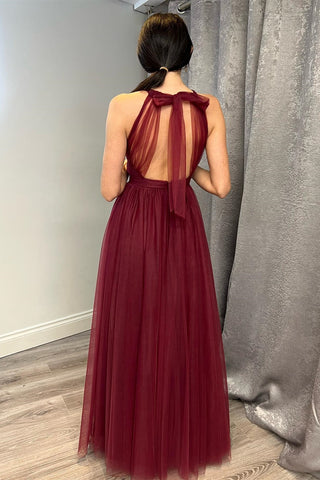 Wine Red Tulle Halter A-Line Long Bridesmaid Dress