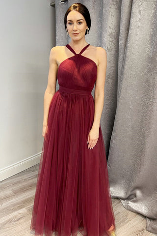 Wine Red Tulle Halter A-Line Long Bridesmaid Dress