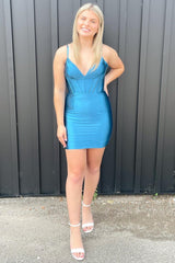 Turquoise V-Neck Bodycon Homecoming Dress with Spaghetti Straps