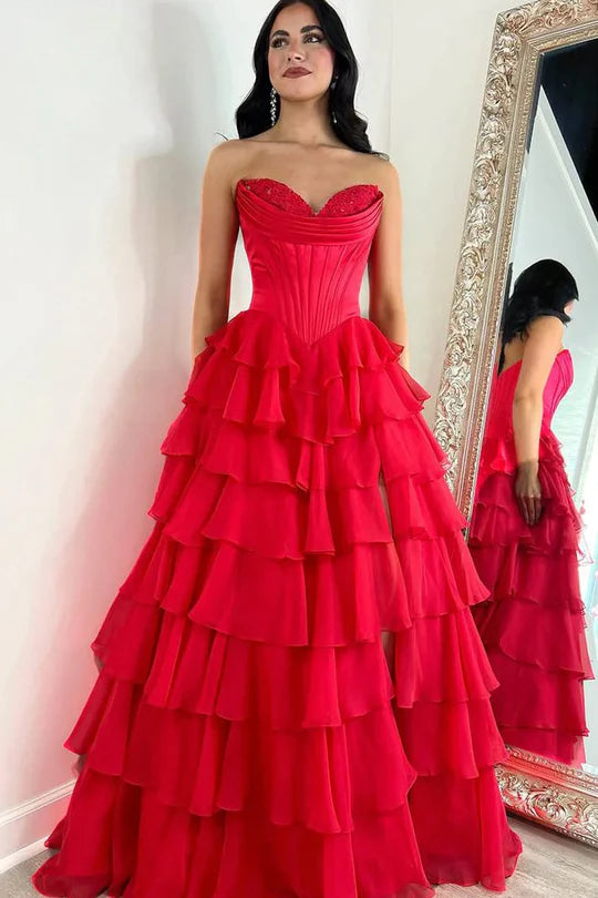 Red Exquisite Strapless Sweetheart A-Line Ruffles Dresses with Slit