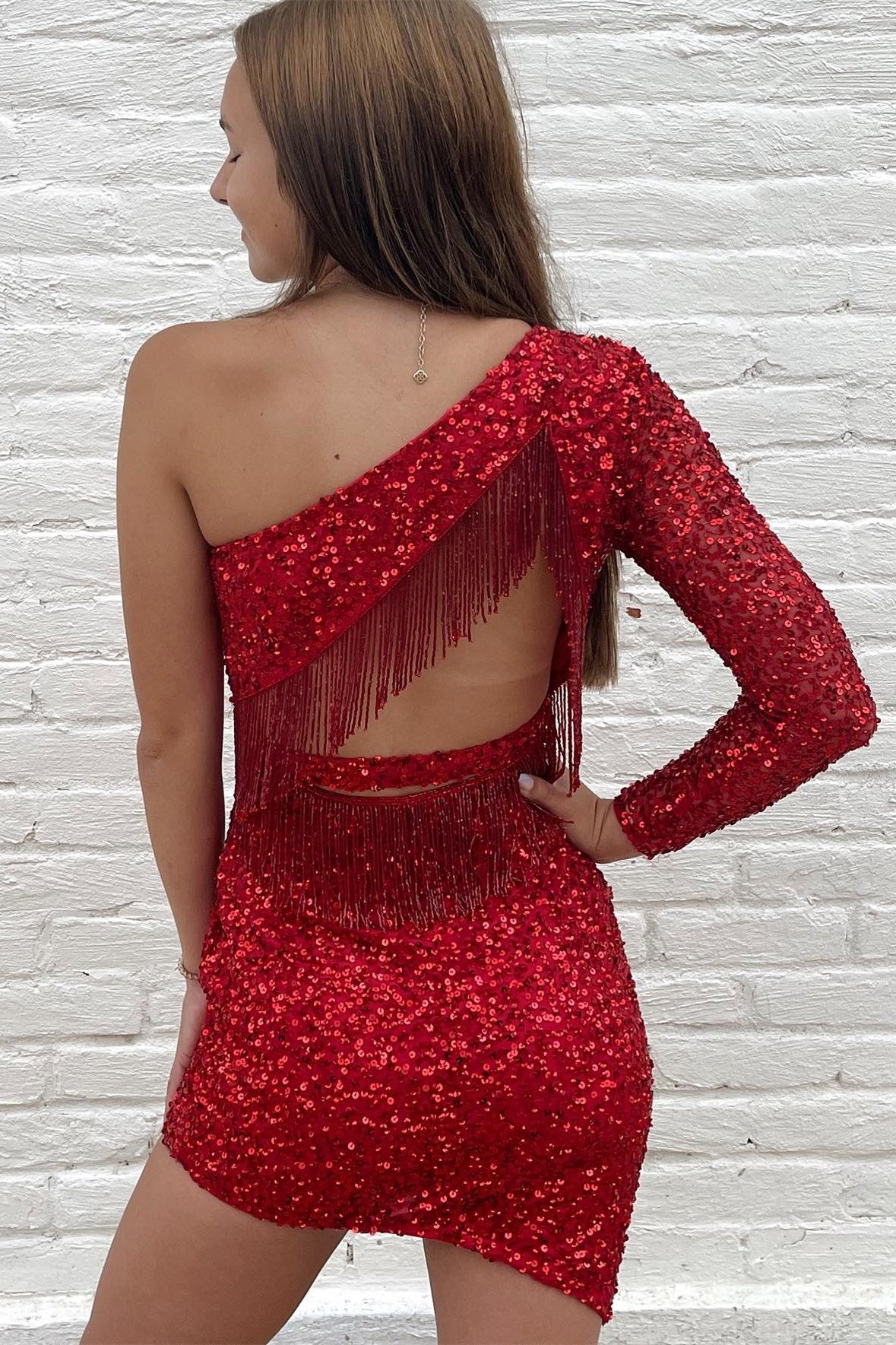Red Sequin One-Sleeve Cutout Back Short Party Dress with Fringes